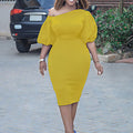D218 european and american women's clothing  summer new arrival solid color one-shoulder puff sleeve ol style elegant plus size cross-border dress