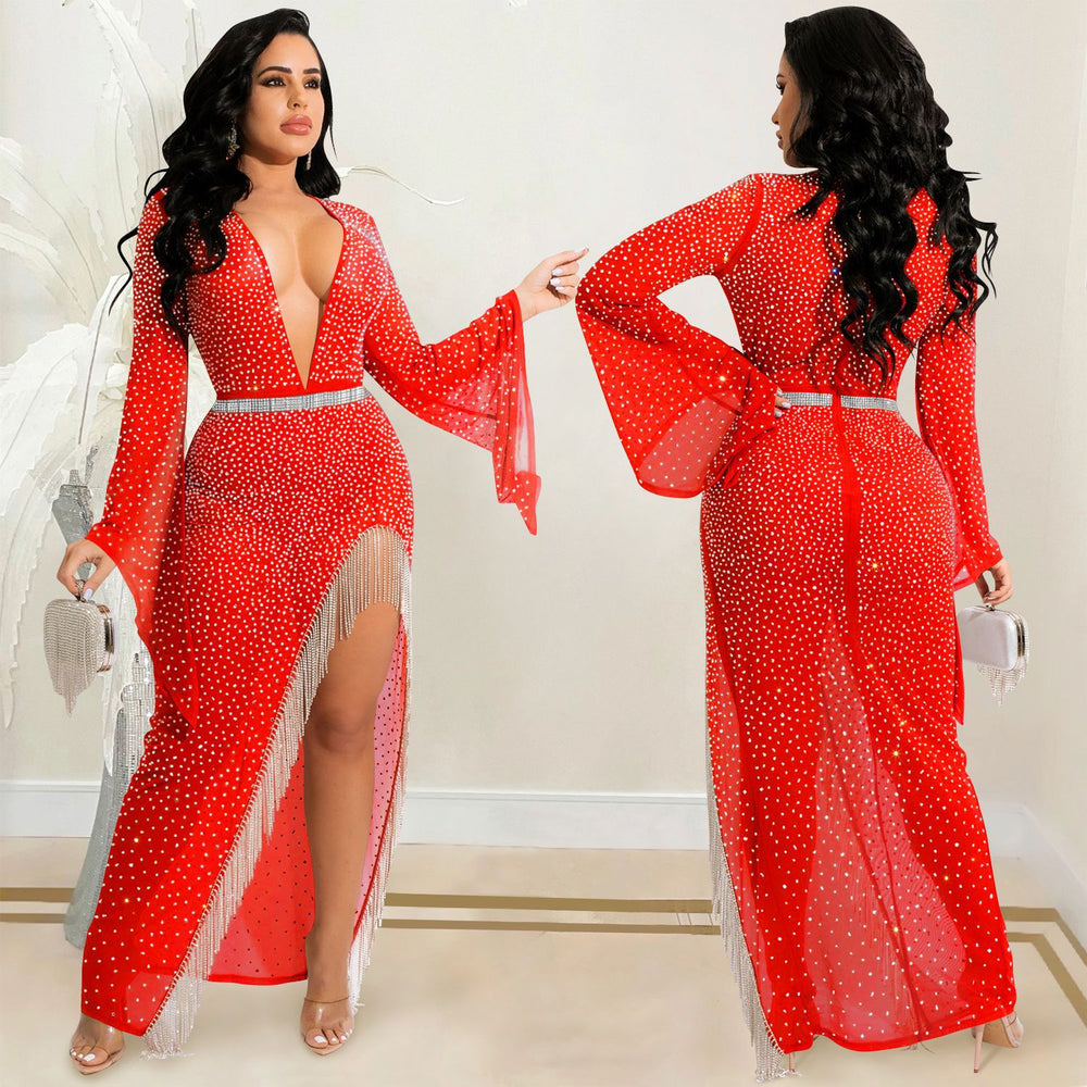 X5597  fashion sexy nightclub hot diamond deep v wide sleeves irregular slit flowing beard long skirt dress for women