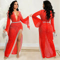 X5597  fashion sexy nightclub hot diamond deep v wide sleeves irregular slit flowing beard long skirt dress for women