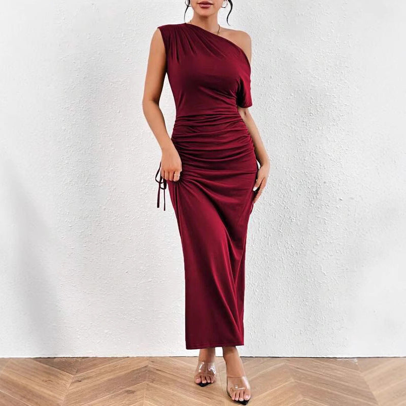 2024 european and american cross-border amazon sexy women's new one-shoulder bodycon ruched maxi dress