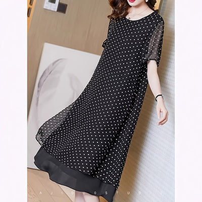 Ready-to-ship cross-border  summer new chiffon polka dot short sleeve a-line plus size dress for middle-aged women