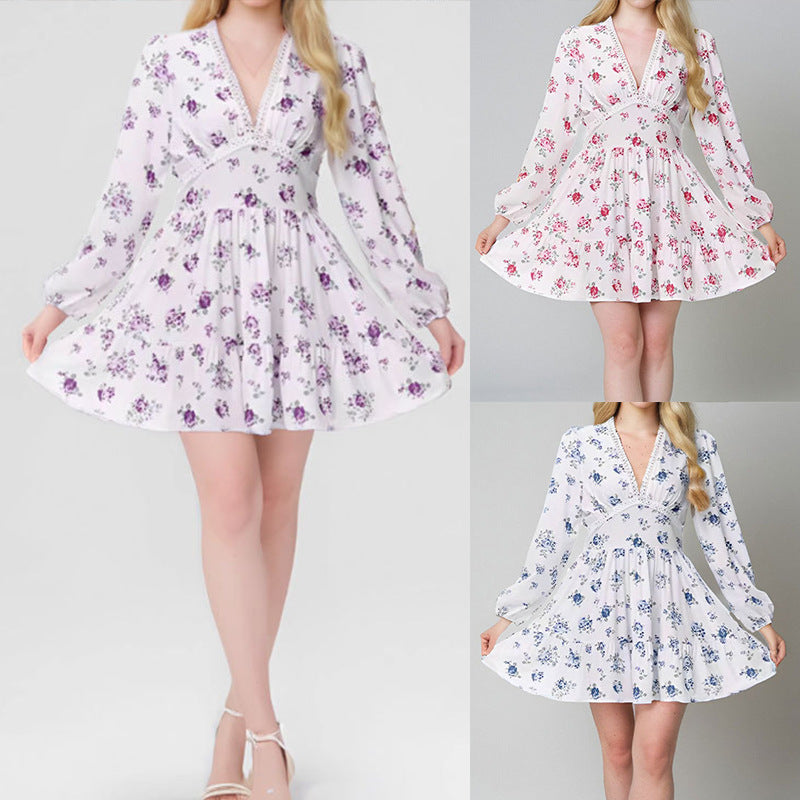 cross-border e-commerce women's fashion: european and american summer new arrivals - elegant and sweet printed v-neck lace mini dress