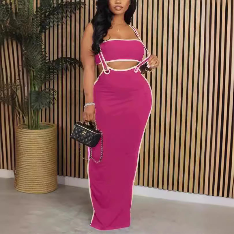 Sexy tube top and suspender hollow long dress set European and American  new fashion belly slim suit
