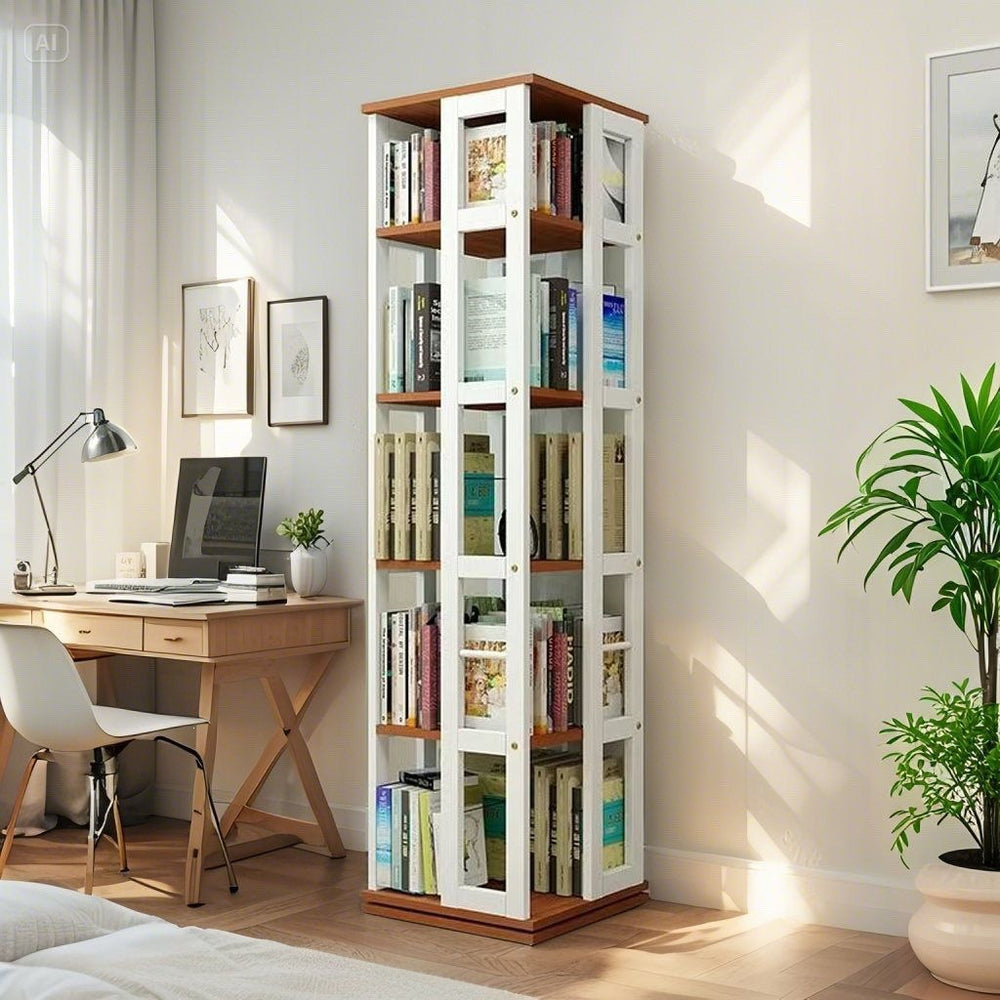Rotating student bookshelf bookcase, mobile multi-tier kids storage floor rack, simple organizer, multifunctional living room shelf