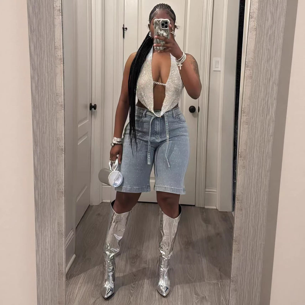 D8739  spring/summer new european and american style loose denim shorts with full hotfix rhinestone embellishments and optional belt -