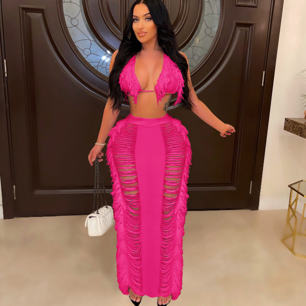 Source factory  summer new european and american style women's sexy tassel knit beach dress set -  hot seller