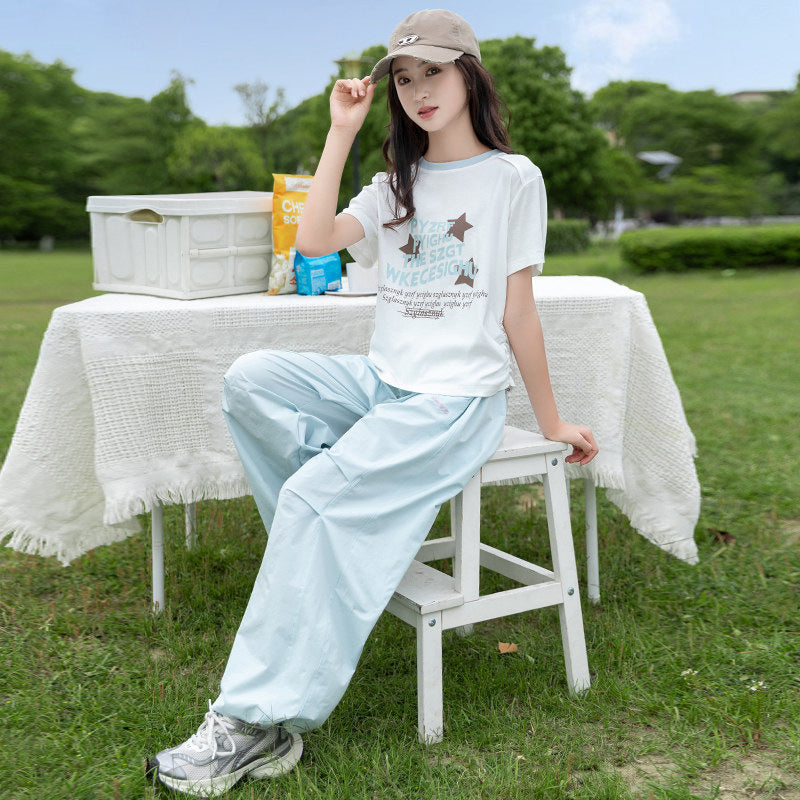 girls' short-sleeve wide-leg pant set: summer loose-fit, versatile, trendy, american-style, unique design two-piece outfit