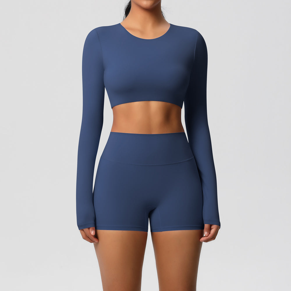European and american new arrival: brushed long-sleeve yoga set - tight-fit, butt-lifting shorts, quick-dry running & fitness outfit for pilates