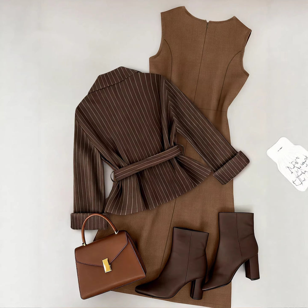 fashion  spring new women's two-piece set tie back suit + solid color skirt suit