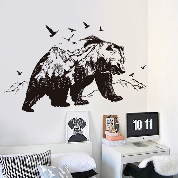 Cartoon new creative mountain black bear wall sticker, living room bedroom study background mural decorative sticker XL8271