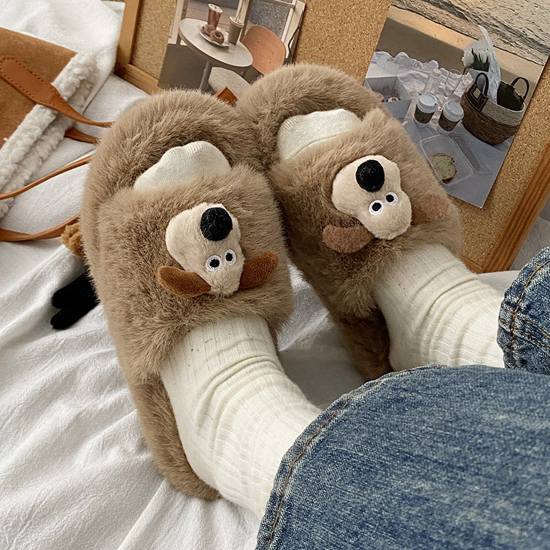 New cartoon puppy fuzzy slippers - stylish women's outdoor wear, cute home casual korean style cotton slippers, winter fuzzy shoes for going out