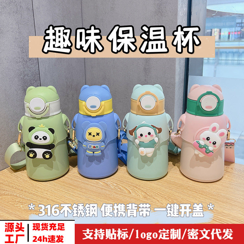 High-value, fun-themed kids' thermos: 316 stainless steel cartoon design, perfect for school, with straw for boys and girls