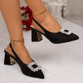 43 cross-border foreign trade pointed toe square buckle rhinestone high heel sandals women's 2026 summer new suede thick heel toe sandals