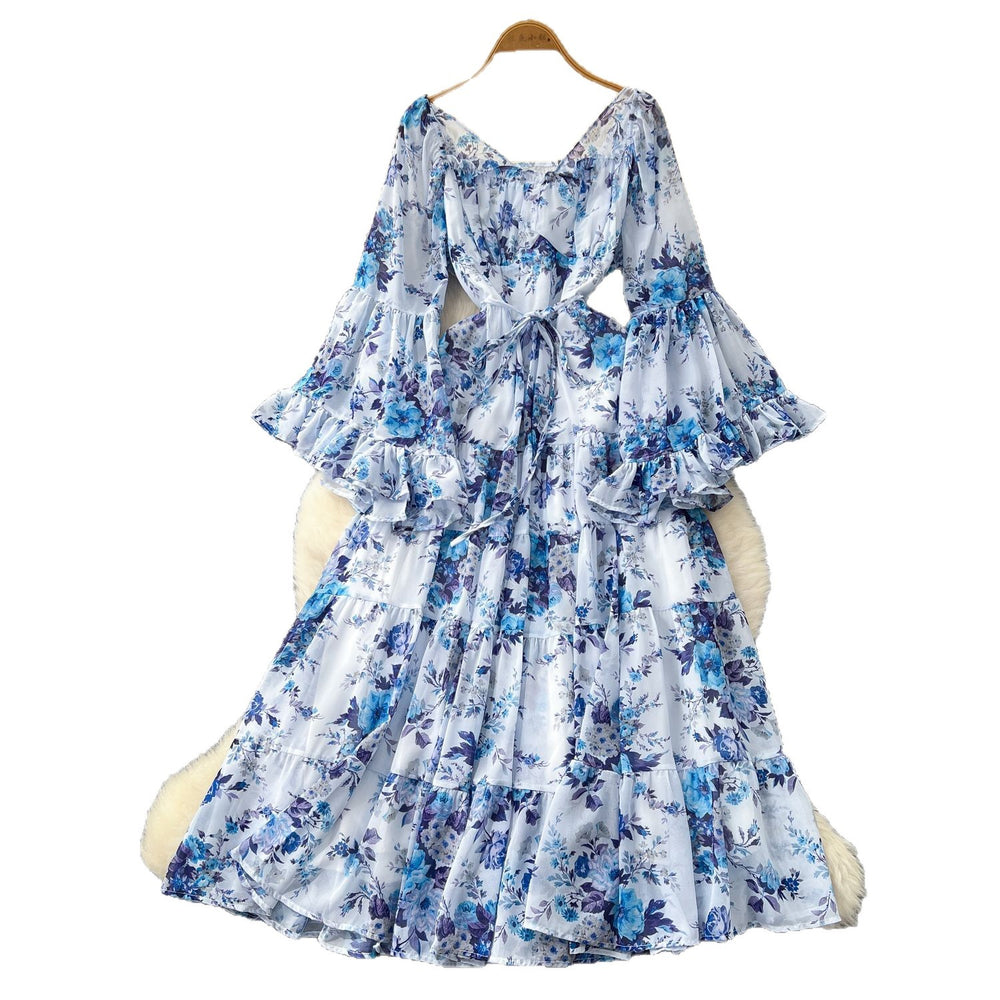 French chic one-shoulder flared sleeve tie-waist floral chiffon dress - women's autumn ruffle maxi dress