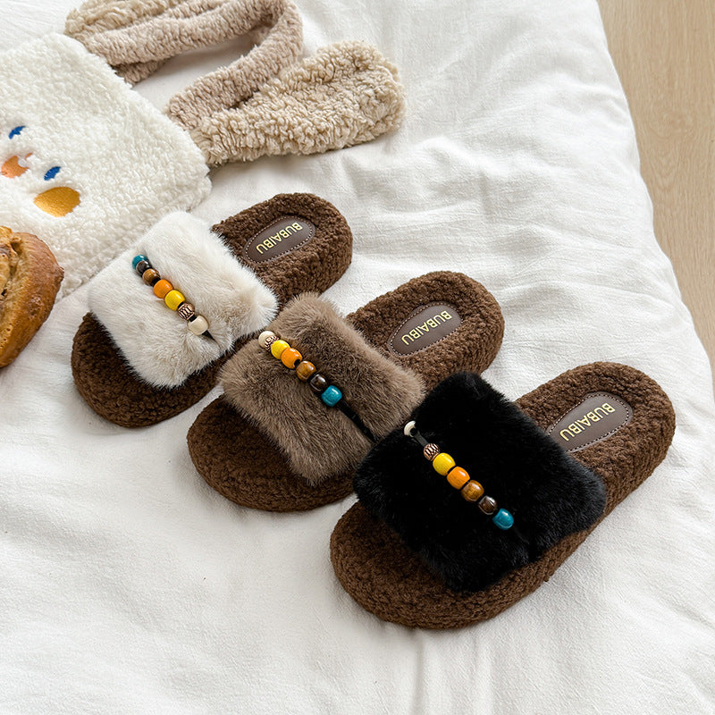 Ethnic style beaded platform fuzzy slippers - women's autumn/winter comfortable non-slip suede thong sandals - lightweight fluffy slippers