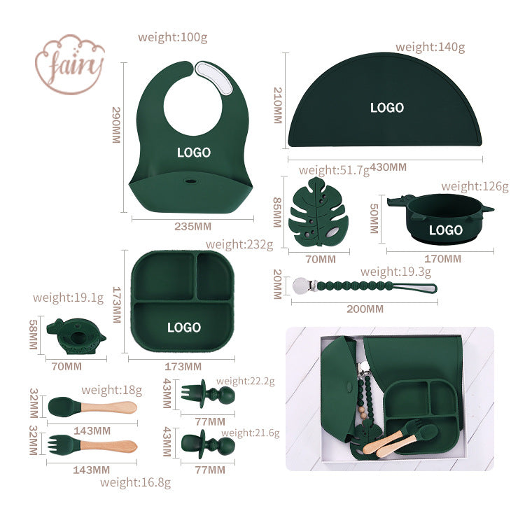 Children's silicone plate set 11-piece set, suction cup non-slip bowl and spoon set, baby food supplement integrated feeding tableware