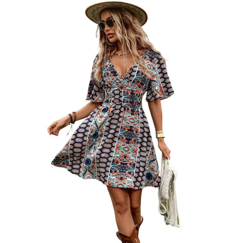Aliexpress cross-border burizaya full-print butterfly sleeve dress with waist, vacation beach dress