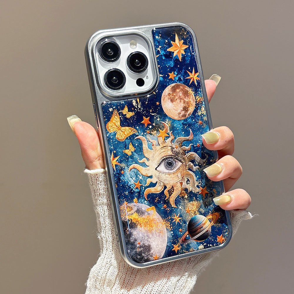 Starry sky eye iphone 17 pro max electroplated drop-proof phone case, apple 16 silver edge epoxy protective cover