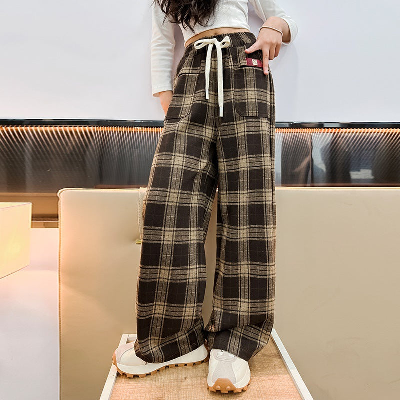 spring/autumn new kids' fashion trendy plaid straight-leg wide-leg pants, loose casual trousers for mid-to-large girls