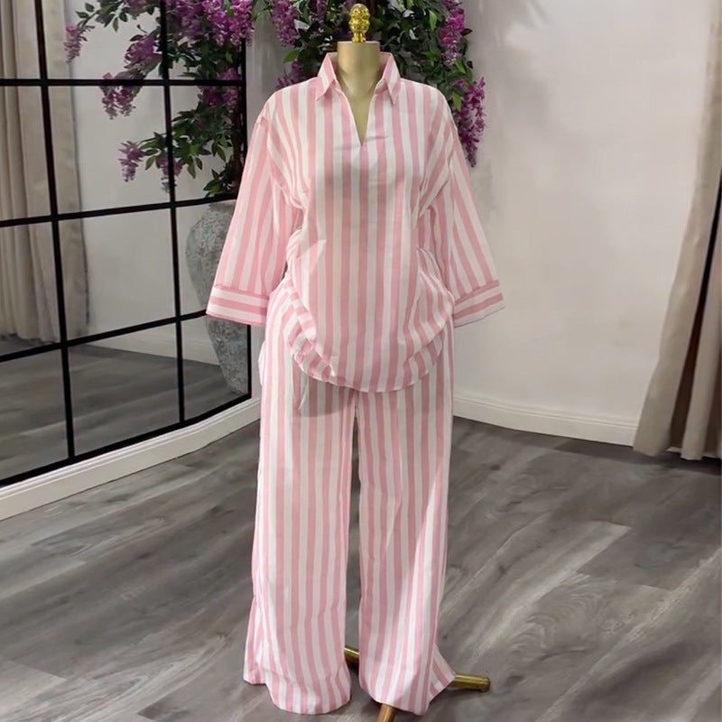 European and american cross-border women's fashion:  summer new arrival - stylish turn-down collar, loose fit pink striped shirt and wide-leg pants set