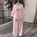 European and american cross-border women's fashion:  summer new arrival - stylish turn-down collar, loose fit pink striped shirt and wide-leg pants set