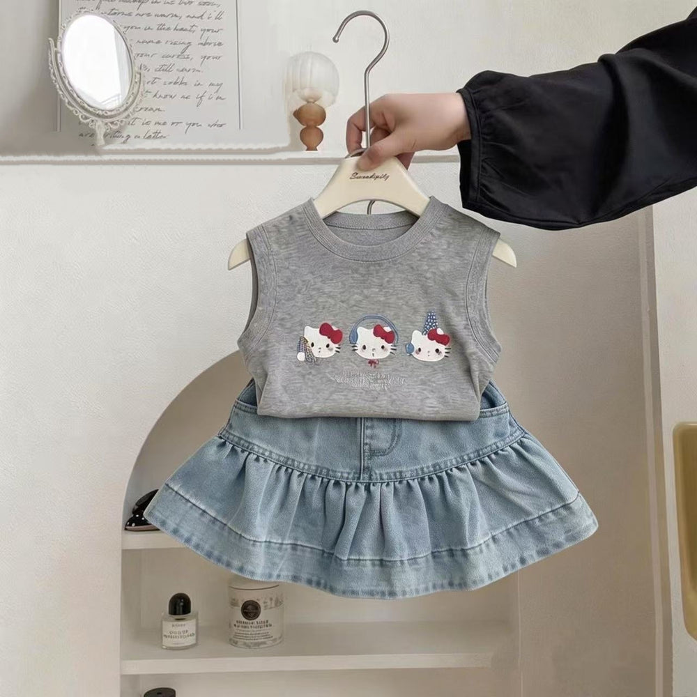 Girls'  summer comfortable cartoon cat tank top set, baby girl casual sweet denim skirt two-piece outfit