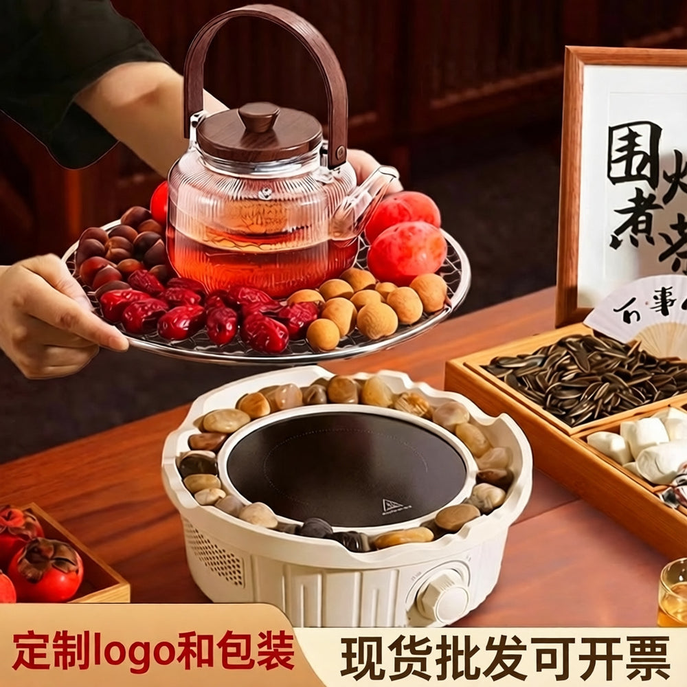 Electric ceramic stove tea set - complete tea brewing kit for home use: includes glass teapot, electric oven, tea cups, fruit plate, and tea accessories