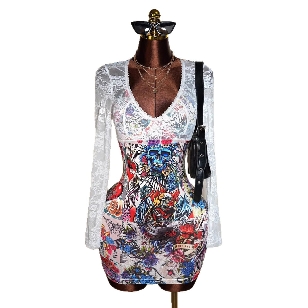 new european and american  lace patchwork v-neck printed sexy bodycon dress - unique style