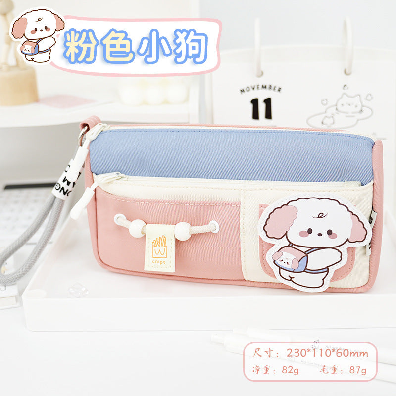 cute cute puppy large-capacity pencil case double-layer stationery pencil case for primary school students high-value stationery box design sense