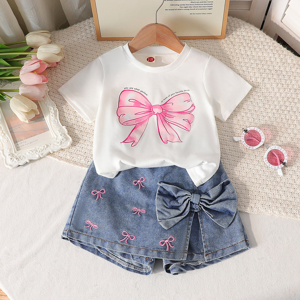new cross-border girls' round neck printed knit top and bowknot embroidered denim pants two-piece set