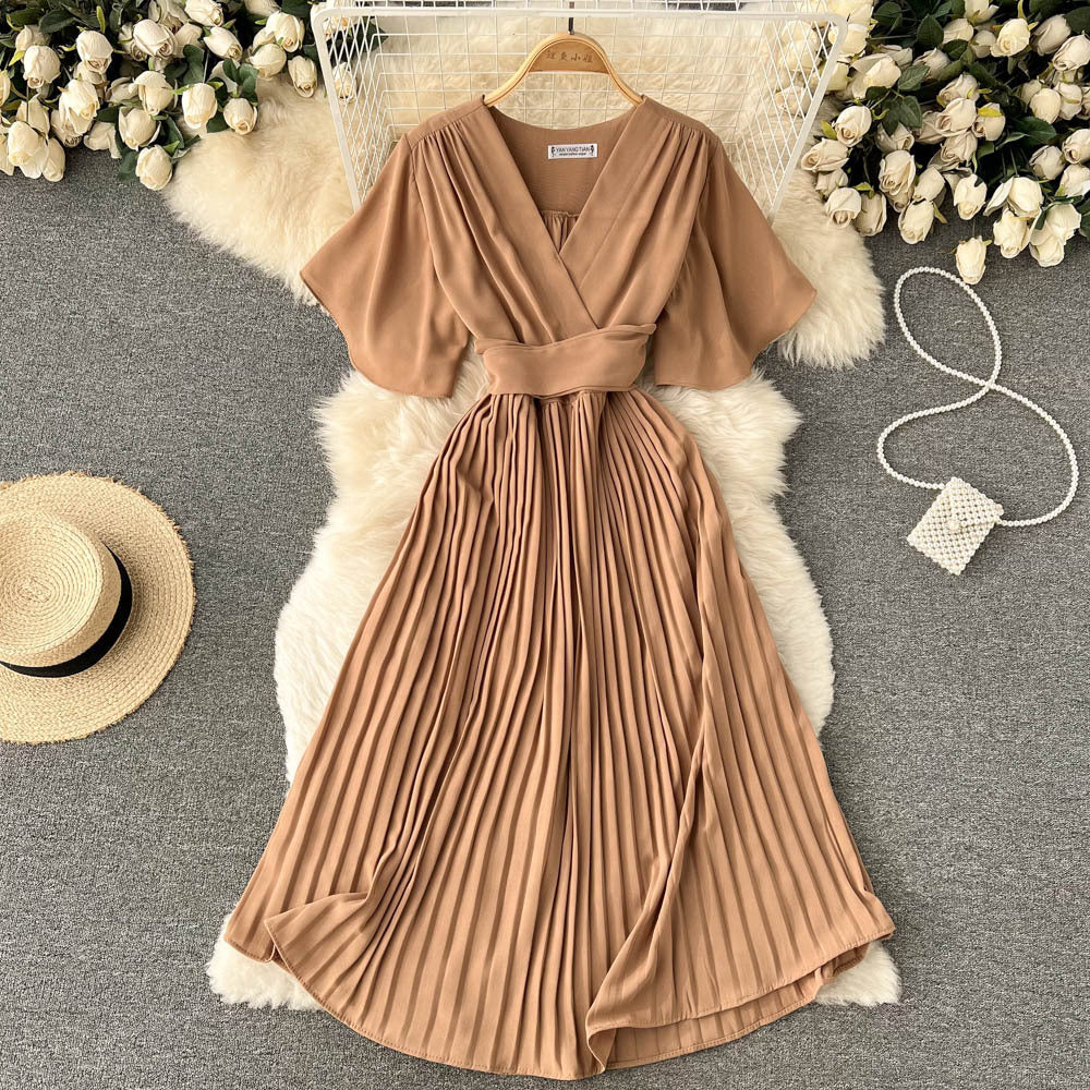 French pleated silmlong holiday style chiffon pleated long skirt pure colorelegantv necknew arrivalfrenchdress