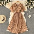 French pleated silmlong holiday style chiffon pleated long skirt pure colorelegantv necknew arrivalfrenchdress