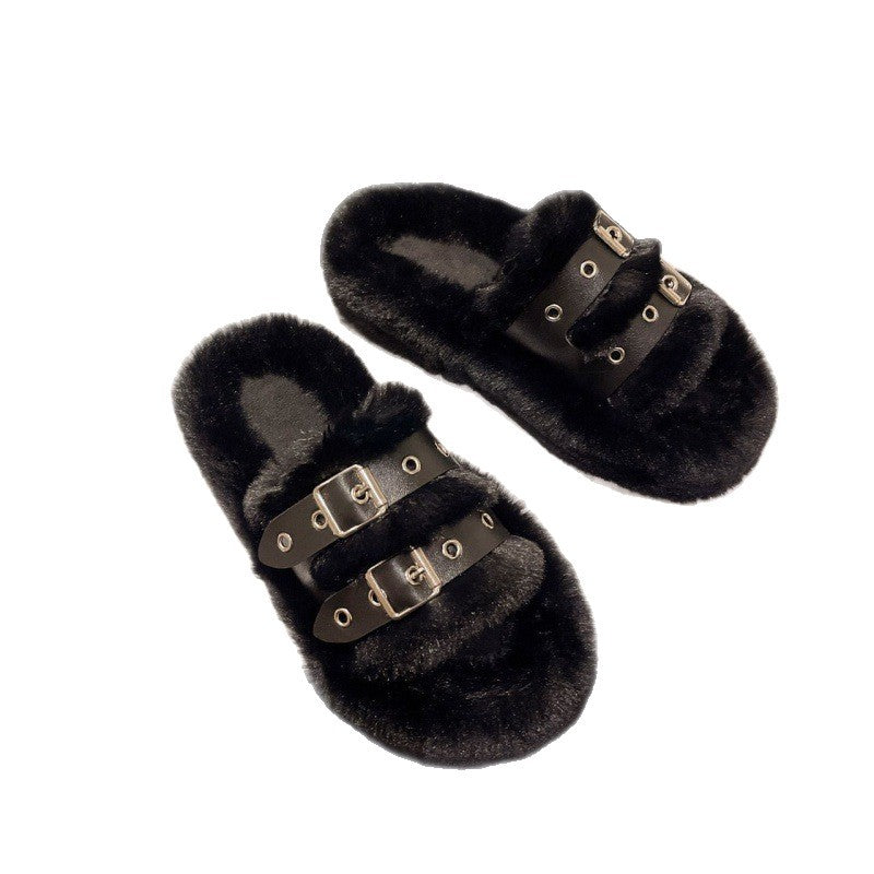 Plus size fur slippers for women 2023new arrivalfashion belt buckle thick solestuffed home outwear cotton slippers wholesale