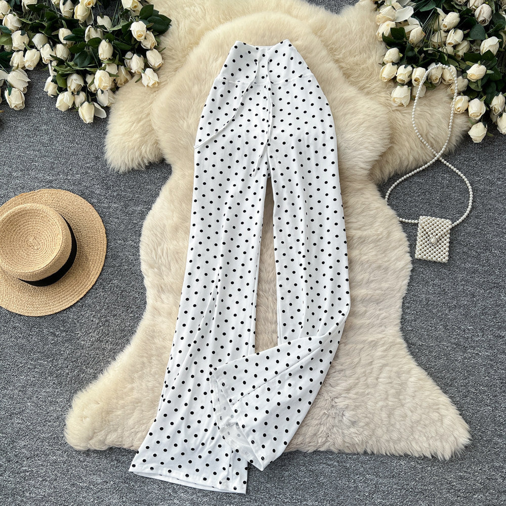 K-stylehigh waist polka dot lazy feeling strappystraight-leg pants for women  spring summer lazy styleslimming lookelegantcasual pants
