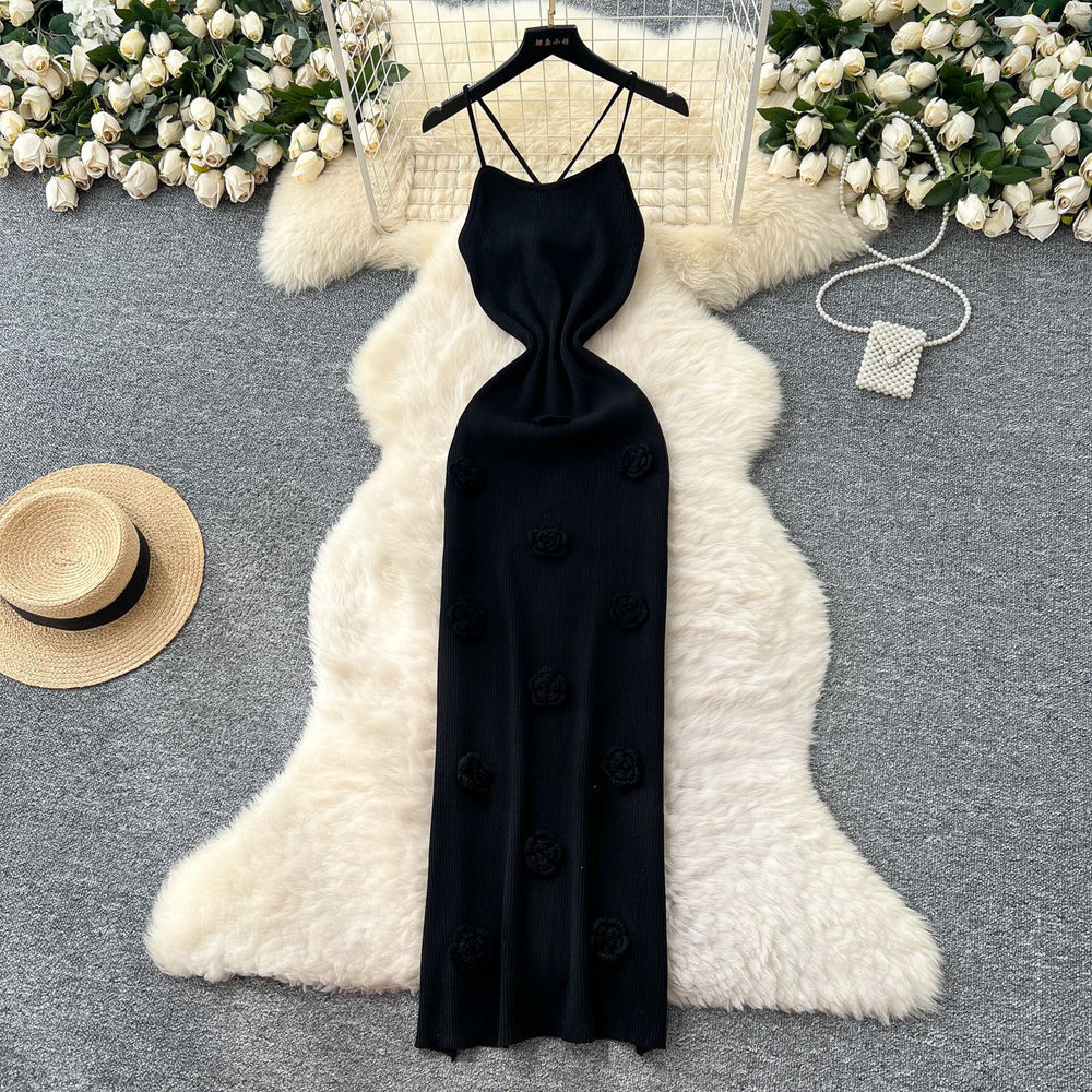European and american style chic cutout backless halter knit dress - women's figure-hugging maxi dress with 3d floral appliqués