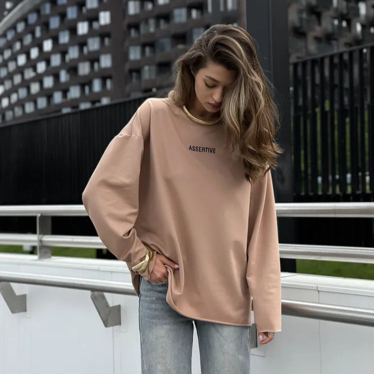 European and American  women's clothing spring and summer loose solid color Oversize round neck long-sleeved casual T-shirt fashion sweater