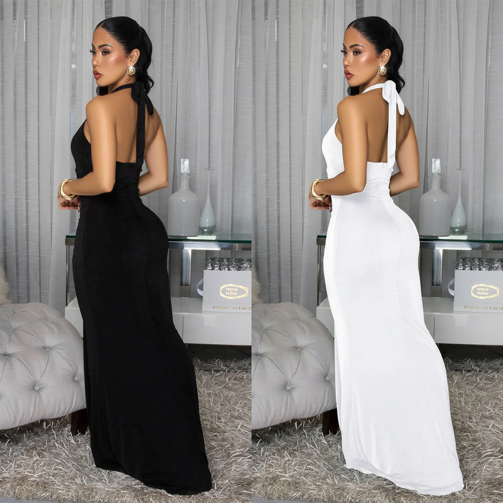 C7599 cross-border   fashion women's sexy backless halter deep v solid color dress
