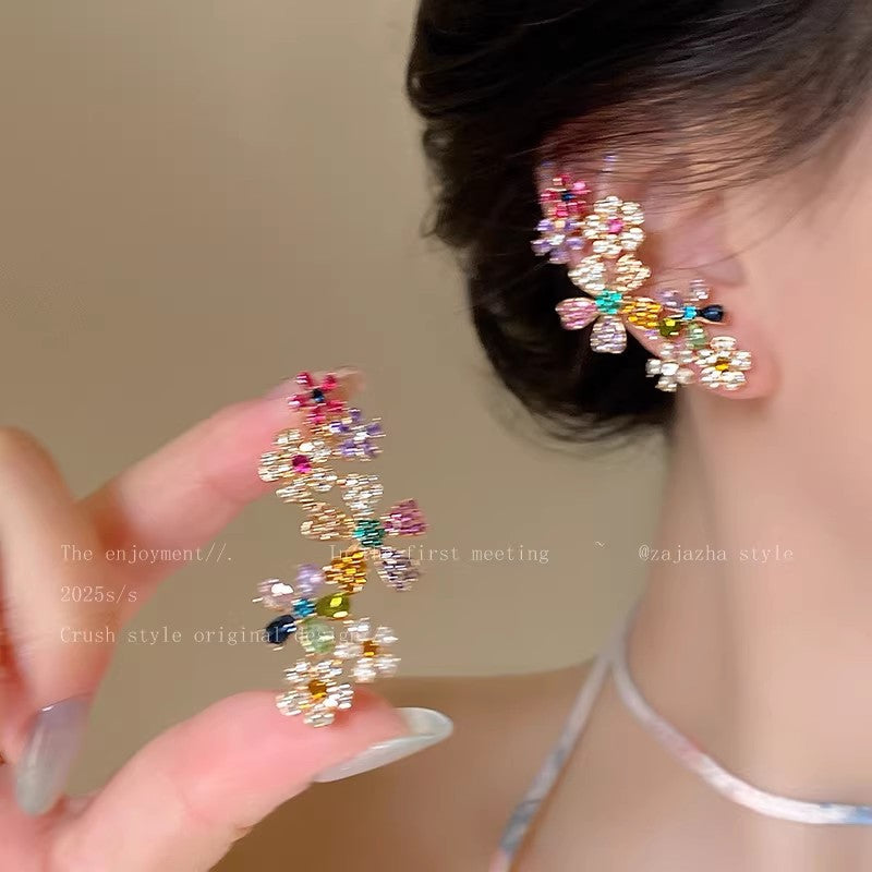 Dopamine colorful full diamond flower stud earrings all-in-one ear bone clip women's giant beautiful earrings niche design earrings