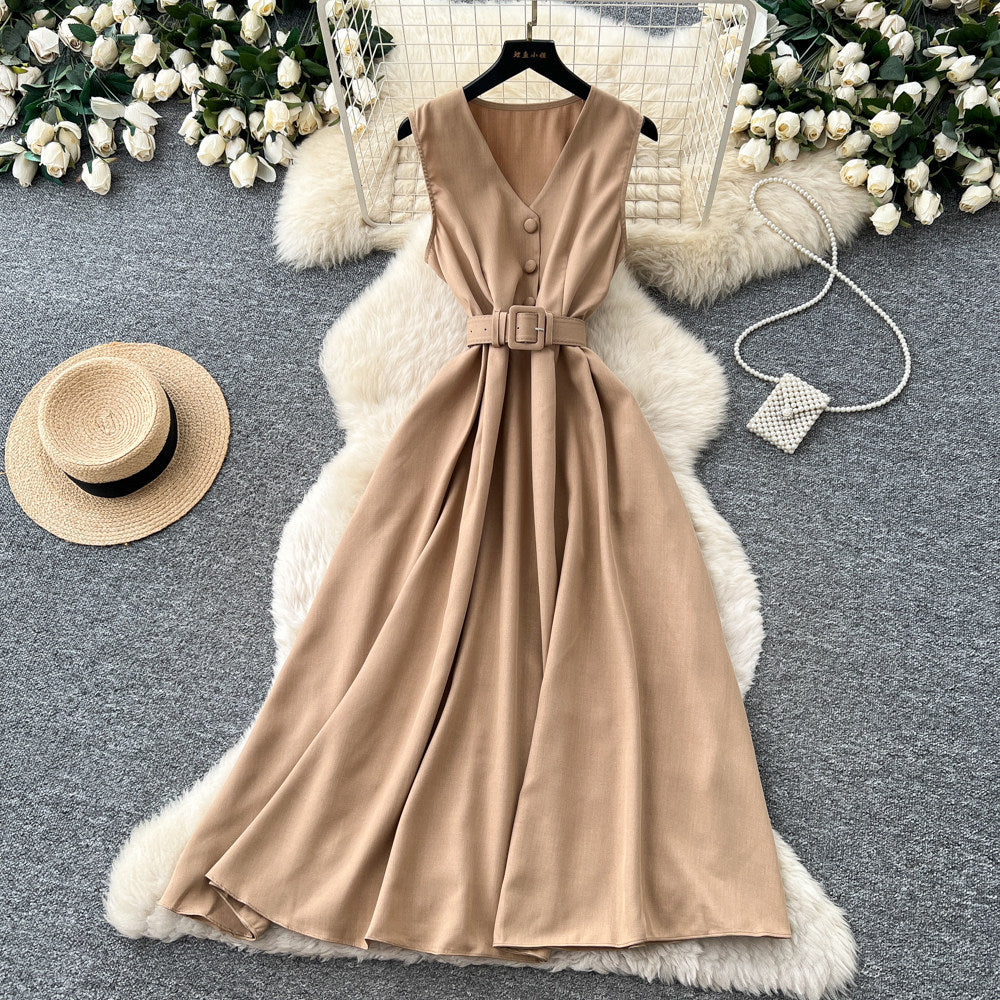 Qianjin wind sleeveless waist pure desire dress women's summer single breasted high waist a-line skirt work clothingelegantclassy