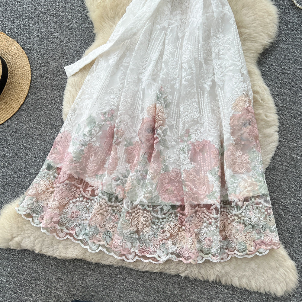 French romantic style heavy lace print dress - women's summer short sleeve high-end slimming waist vacation dress