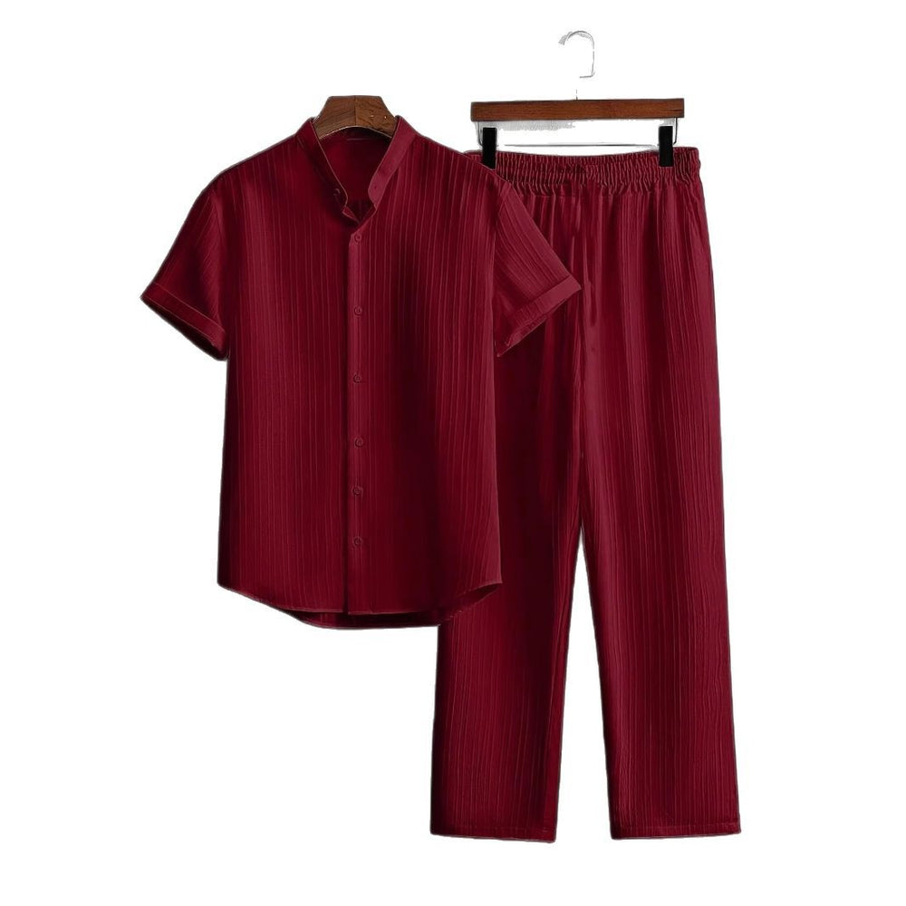 fashionmensuitcasualpure color short-sleeved shirt multi-color beach slub wrinkled short-sleeved pants two-piece set