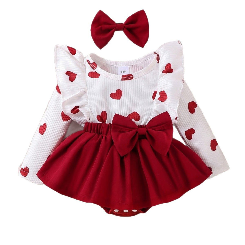 fashion baby girl sweet style red heart print flutter sleeve top with bowknot tutu skirt and hair tie set