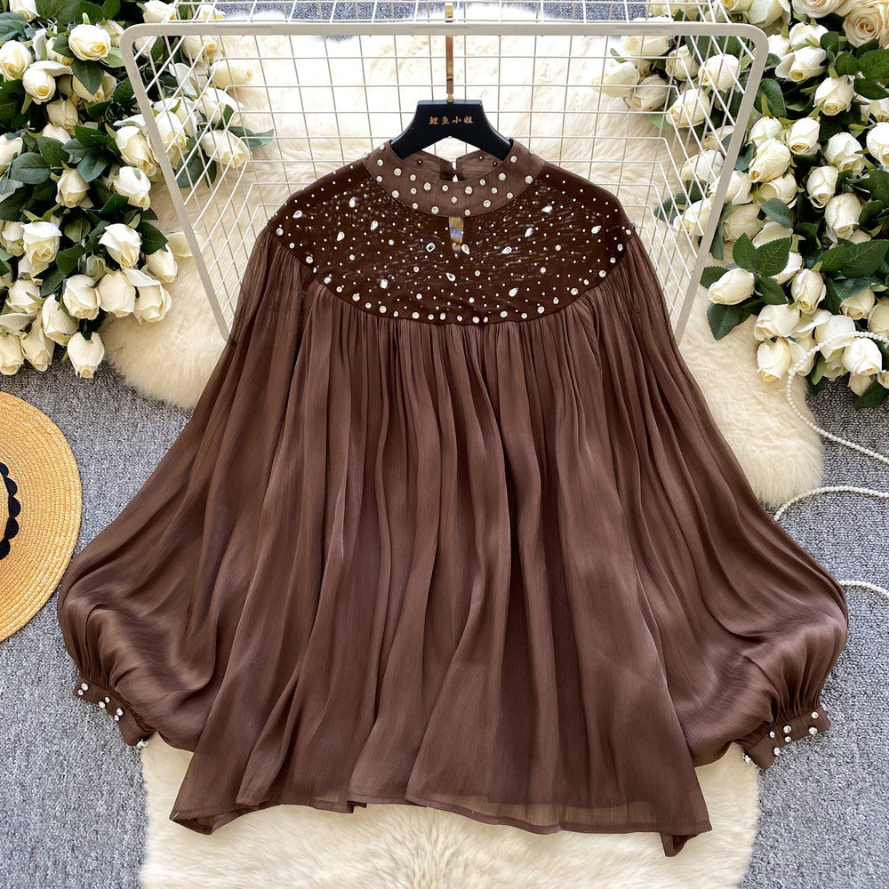 Palace style niche styleclassy heavy industry beading hot diamond lantern sleeve tassel mesh shirt women's loosecasualtops
