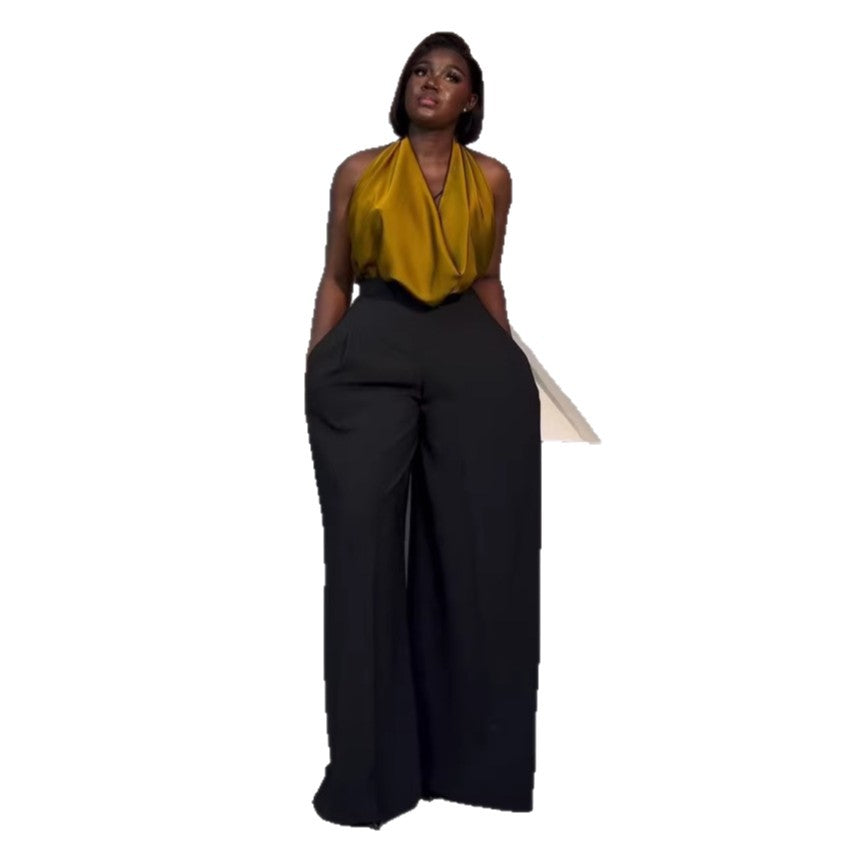 European and american cross-border women's fashion:  summer new arrival - elegant solid color halter neck sleeveless top & casual wide-leg pants set