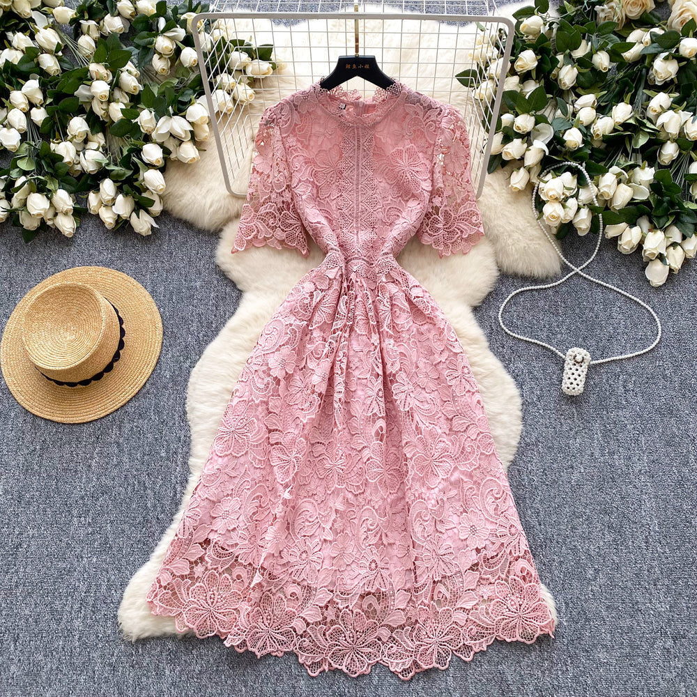 Frenchclassy sense cut out crochet lace short-sleeved dress women's summer waist slimming lookeleganta word dress