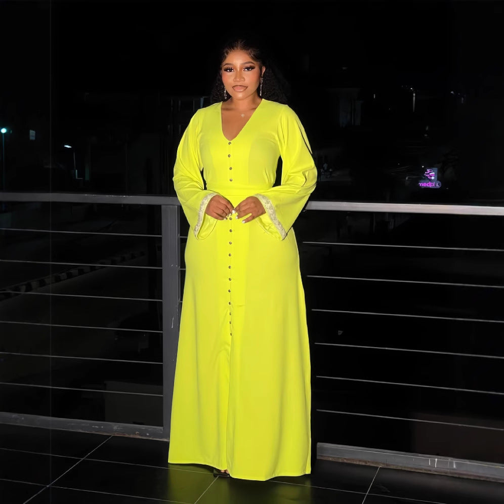 European and american cross-border women's fashion  winter new arrival: solid color long sleeve v-neck button-down waist-cinching front slit elegant dress