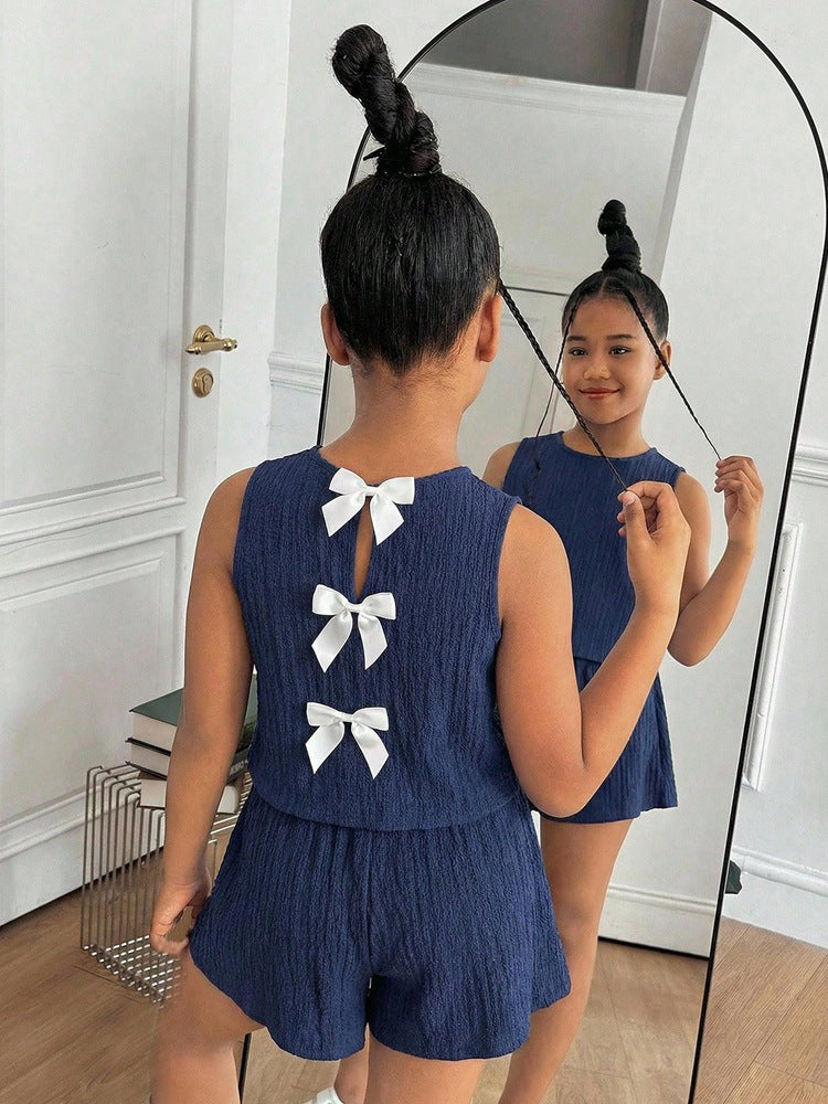 Girls' navy blue sweet sleeveless top with textured detail and back bow + shorts two-piece set