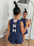 Girls' navy blue sweet sleeveless top with textured detail and back bow + shorts two-piece set