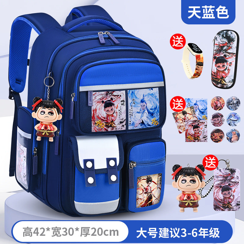 New nezha backpack for boys and girls, grades 1-6: spine protection, lightweight design, and extra-large capacity