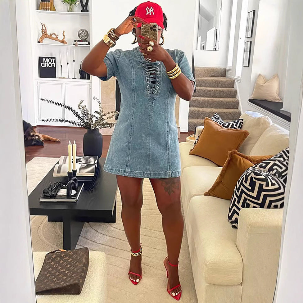 European and american style women's denim dress -  cross-border women's summer streetwear fashion tie-waist short sleeve denim skirt